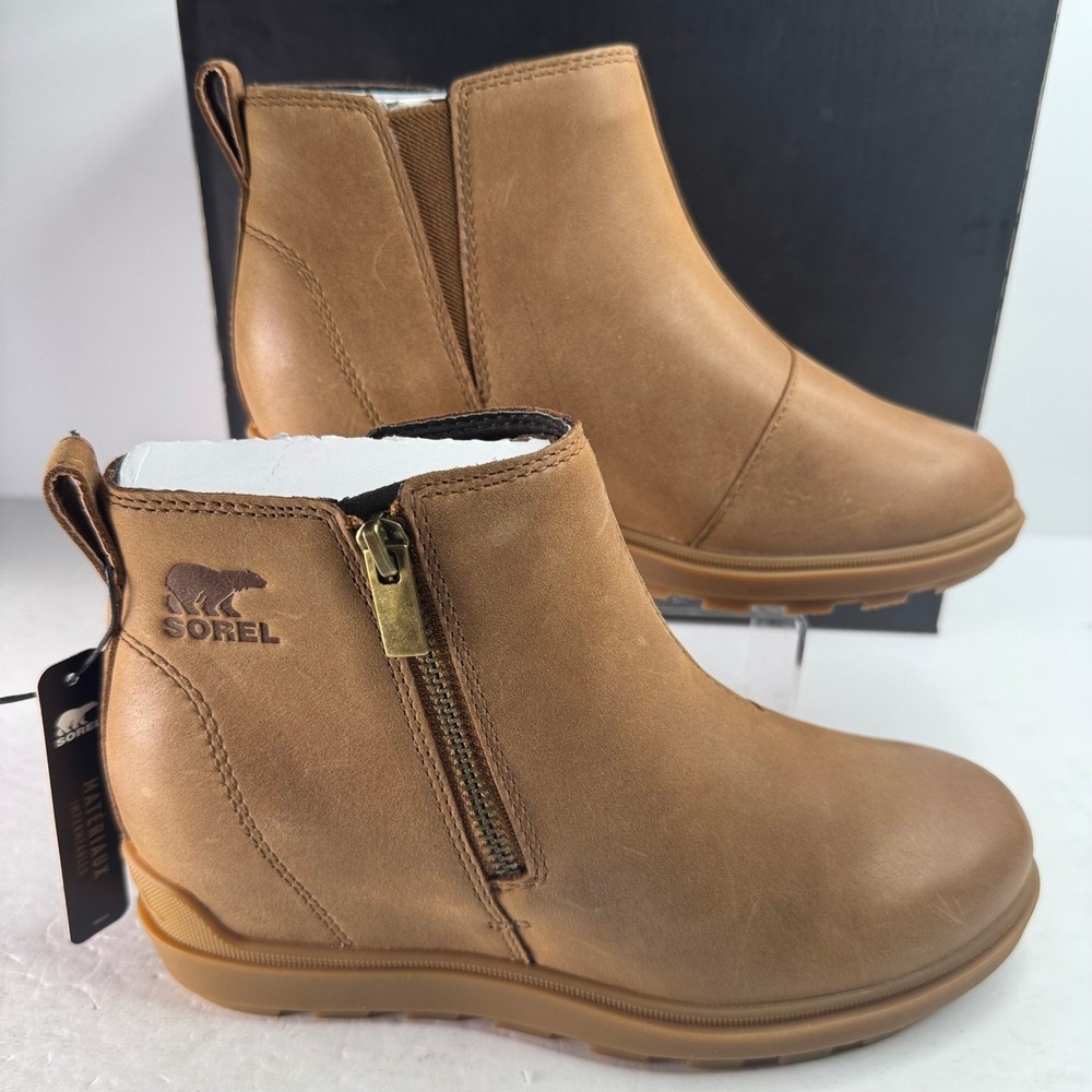 Sorel Evie Zip Waterproof Leather Wedge Ankle Boots Camel Brown Womens